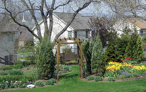 Spring bulbs add the season’s first color to this garden.