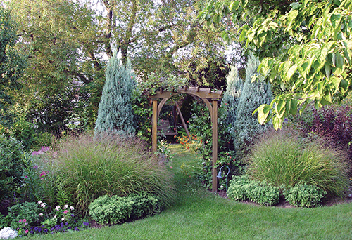 Grasses have grown and perennials bloom at different times throughout summer in the same garden.