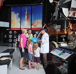 Huntsville, AL: U. S. Space & Rocket Center: training crews, Big Shot rides, lunar vehicle docent/trainer from moon exploration era, various hands-on exhibits for public, space camp training for in-space work on shuttle.