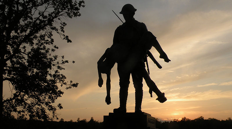 A sculpture by James Butler at the site of Croix Ridge Farm in the Marne Valley in France was given by Rod Frazer in honor of his father, who was wounded in the 1918 battle there.