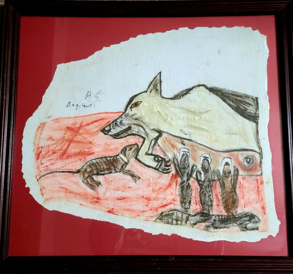 This scene of our Cairn terrier, after giving birth to her puppies, was painted by Bradley, at age 12, on an old t-shirt. It was so unique we had it framed. SUBMITTED by Helen Sturgeon, Cullman.