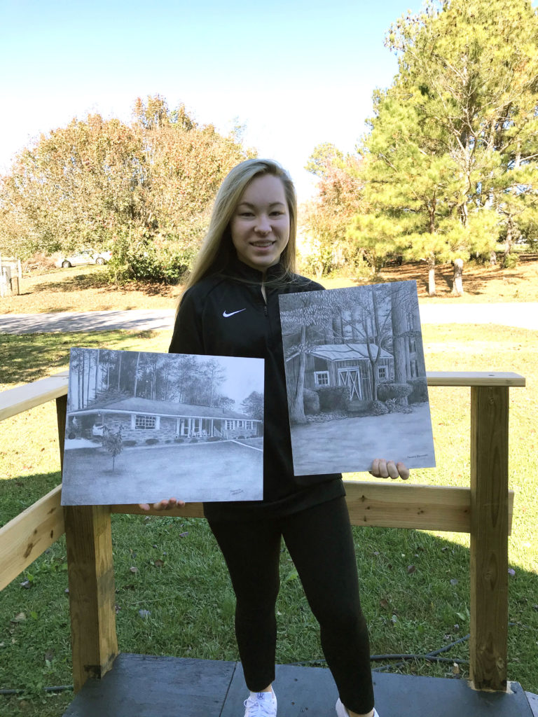 Charlotte Blencowe (16), a student at Chilton County High School, with two of her recent drawings. SUBMITTED BY Jennifer Blencowe, Clanton.