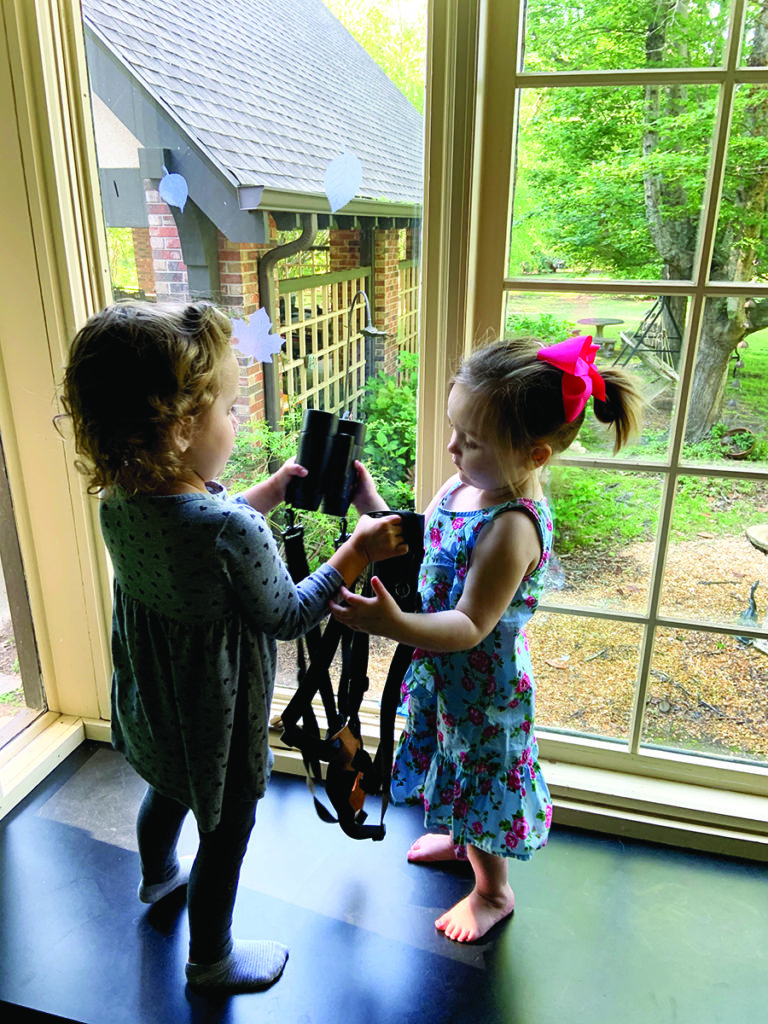 Cousins Grayson Phillips, left, and Norah Jackson couldn’t go to school last spring, but they learned a lot about birds and nature just by looking out the back window. With the help of binoculars, the two spent the spring and early summer watching a pair of bluebirds build a nest and raise a clutch of babies. Photo by Katie Jackson