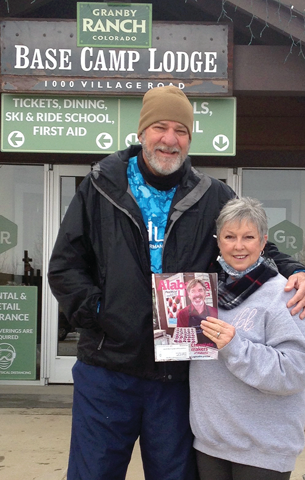 Lynne and Duane Baxley of Clayton traveled to Granby, Colorado to visit their son, his wife and grandson.  They are members of Pea River Electric Cooperative. After being stationed in Hawaii, their children were ready to see some snow, Lynne says. “I enjoyed snuggling with my grandson while reading Alabama Living,” she adds.