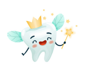 Cute tooth fairy character with magic wand. Oral care, mouth hygiene, teeth restoration concept cartoon vector illustration isolated on white background