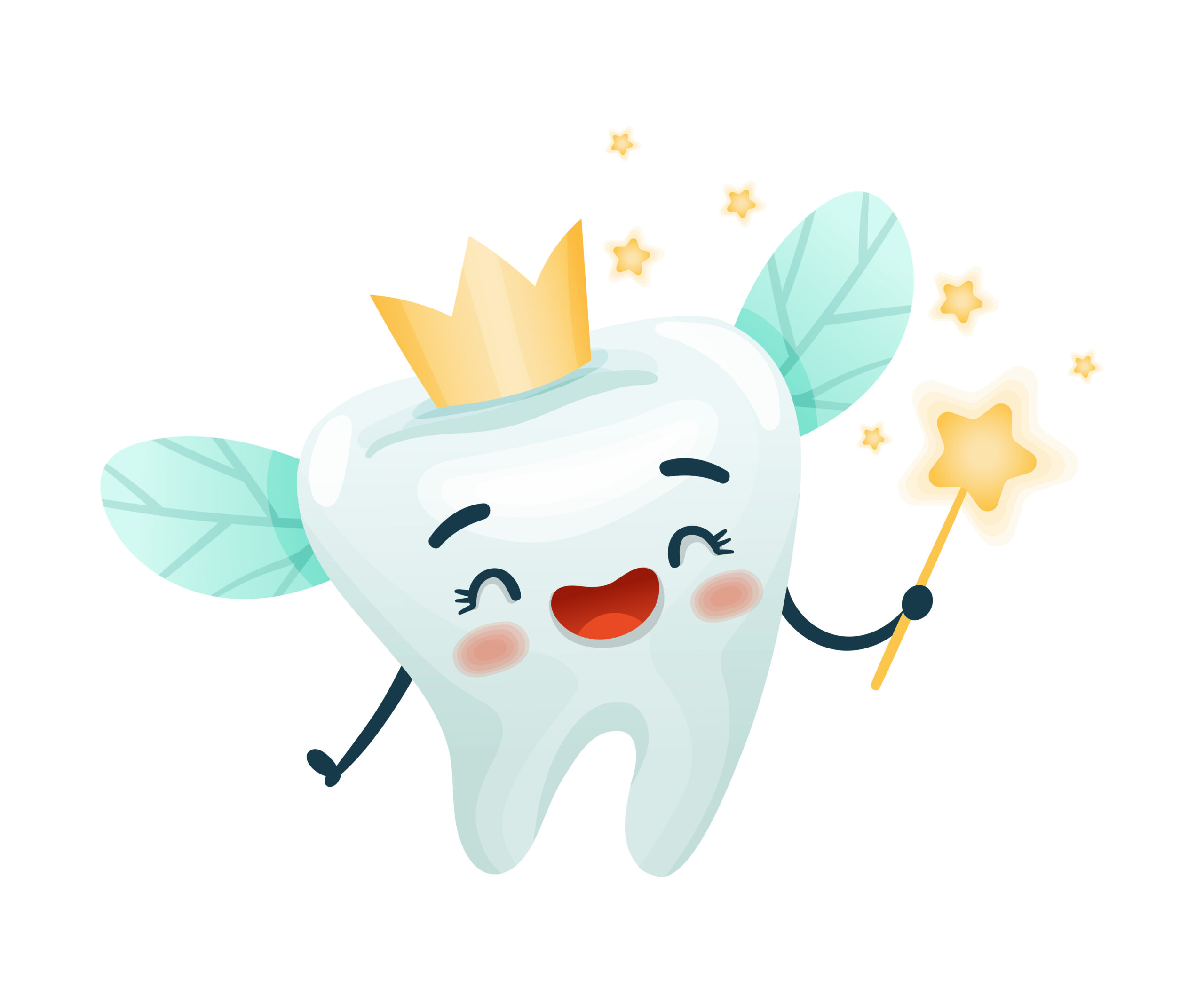 Cute tooth fairy character with magic wand. Oral care, mouth hygiene, teeth restoration concept cartoon vector illustration isolated on white background