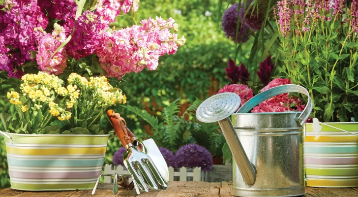 Outdoor gardening tools on old wooden table