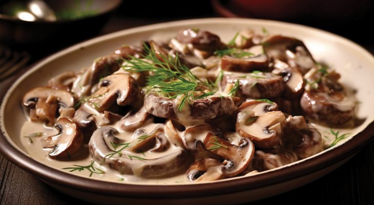 Food photography cooked mixed mushrooms in cream as main dish, o